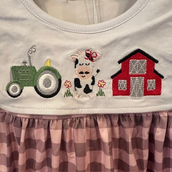Boutique Marie Nicole Girls 6T (2XL) Pink Plaid Farm Cow Tractor Dress - Picture 3 of 9